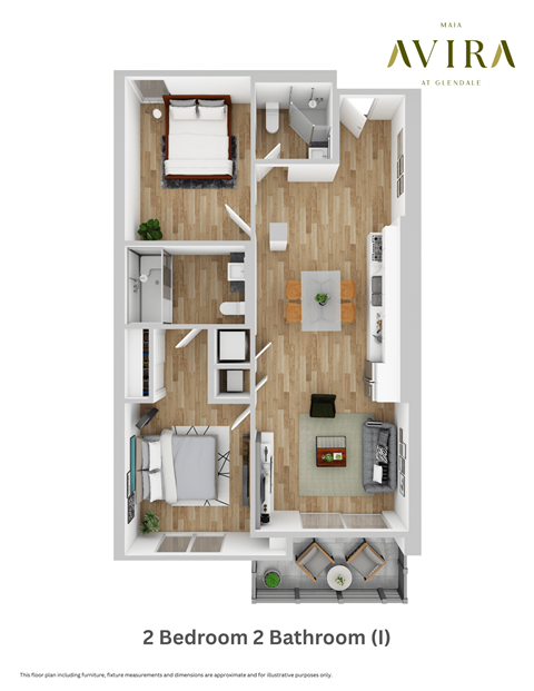 Floor plan for 2 beds, 2 baths, 987 sqft